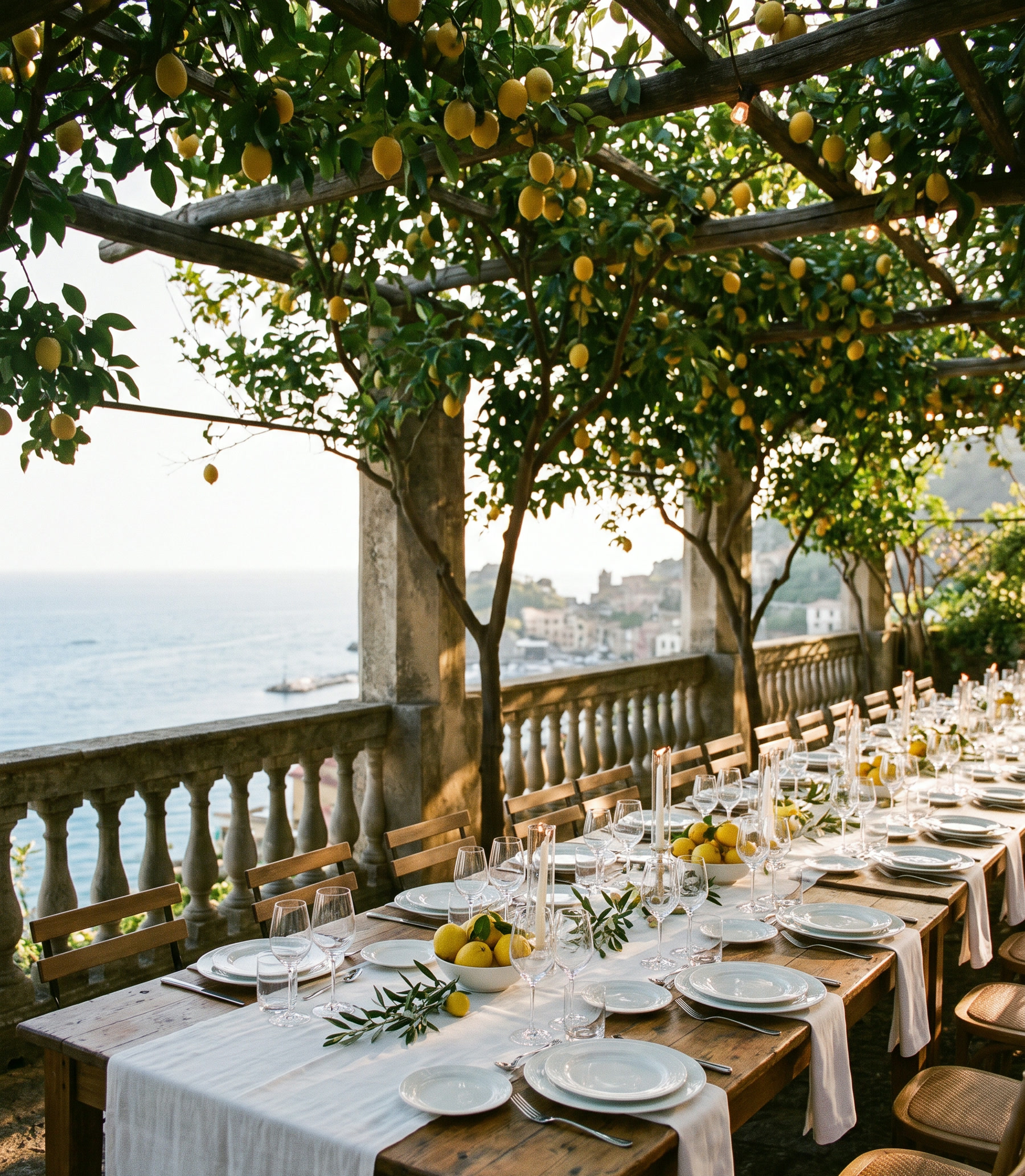 A long table beneath a lemon pergola at golden hour